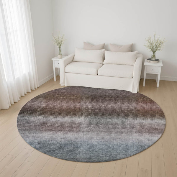 HomeRoots 8' Brown Copper and Gray Striped Round Rug - Washable, UV-Protected, Durable with Non-Slip Backing 699595