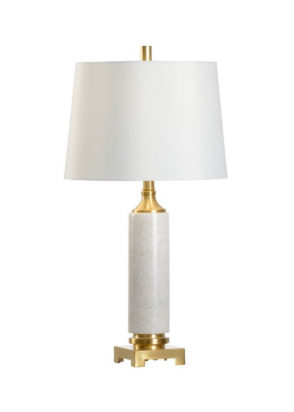 Chelsea House Round White Crosby Lamp — Marble Column Table Lamp With Antique Brass Base, Slim 27" Ambient Light 69960