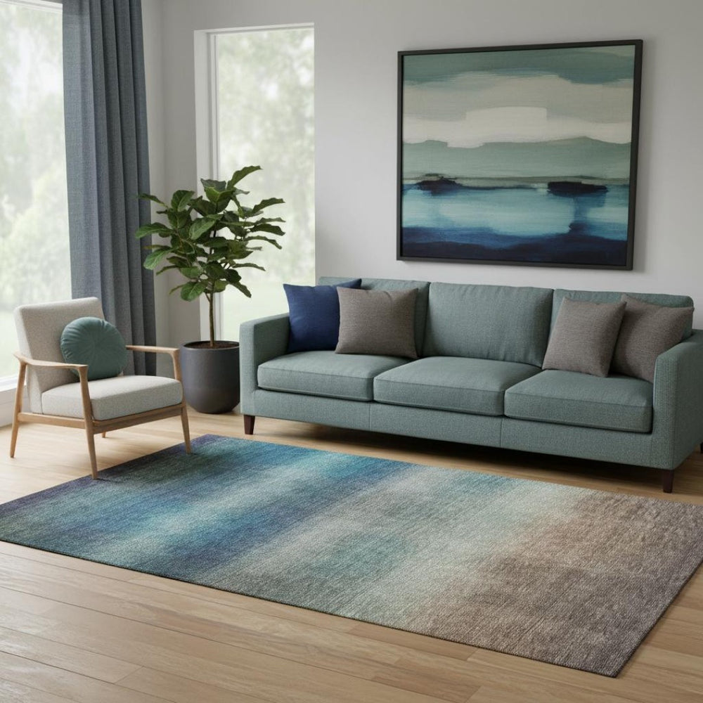 HomeRoots 5' Blue Copper & Gray Striped Washable Area Rug – Durable, Stain-Resistant with UV Protection 699600