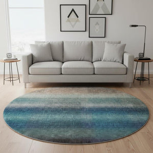 HomeRoots 8' Stylish Washable Round Rug in Blue, Copper & Gray Stripes - UV Protected, Non-Slip & Durable Design 699601