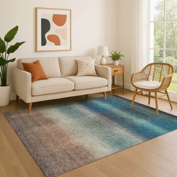 HomeRoots 9' X 12' Washable Blue Copper & Gray Striped Area Rug - Durable, UV-Protected & Stylish for Homes 699603