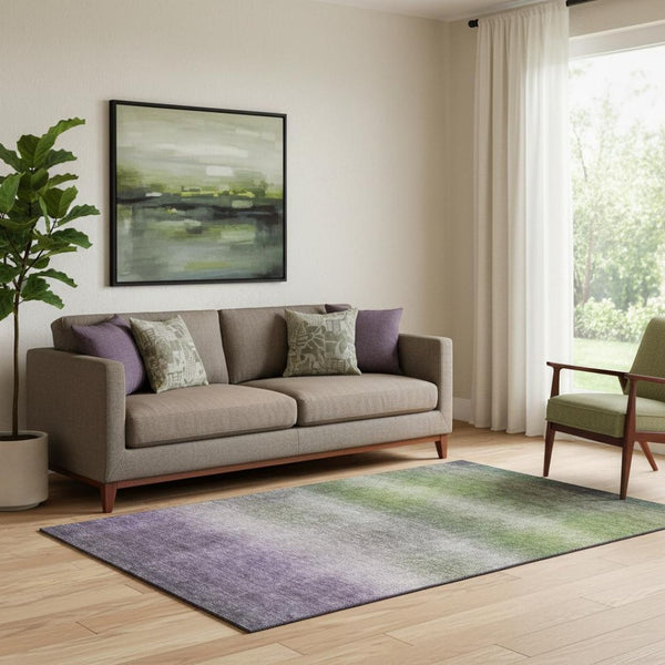 HomeRoots 5' X 8' Striped Washable Area Rug in Olive Green, Purple & Gray - UV Protected for Durability & Style 699606