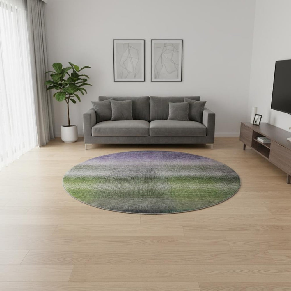 HomeRoots 8' Stylish Olive Green, Purple & Gray Striped Washable Round Rug with UV Protection & Non-Slip Backing 699607