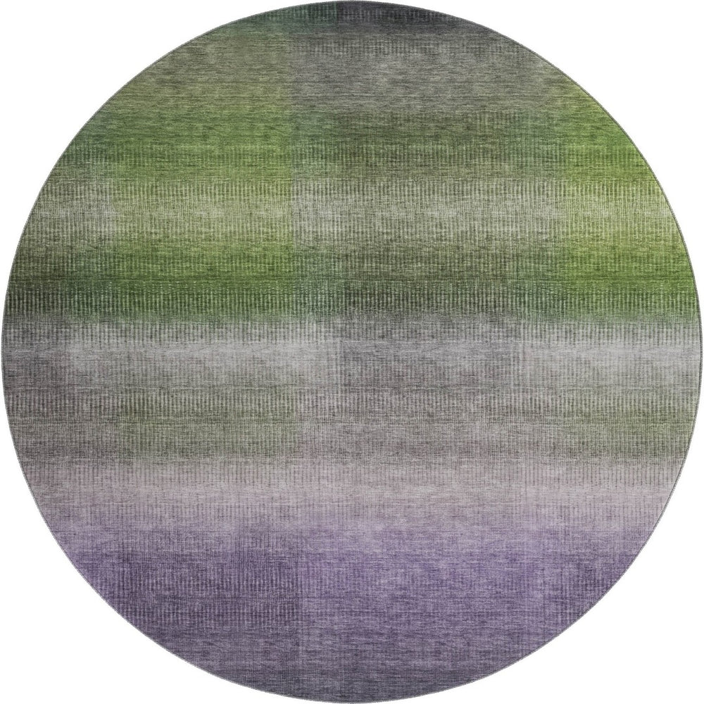 HomeRoots 8' Stylish Olive Green, Purple & Gray Striped Washable Round Rug with UV Protection & Non-Slip Backing 699607