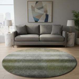 HomeRoots 8' Stylish Pewter Green & Silver Striped Washable Round Rug with UV Protection for Busy Homes 699613