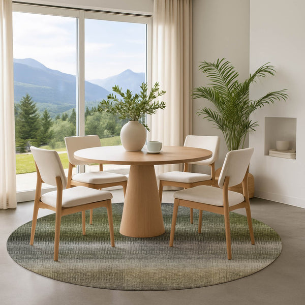 HomeRoots 8' Stylish Pewter Green & Silver Striped Washable Round Rug with UV Protection for Busy Homes 699613