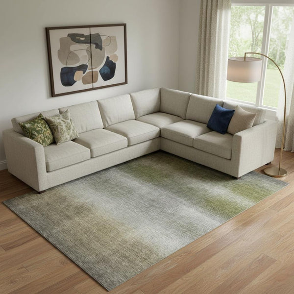 HomeRoots 9' X 12' Washable Pewter Green & Silver Striped Area Rug with UV Protection for Homes & Kids 699615