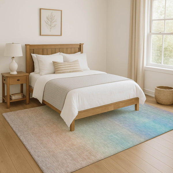 HomeRoots 5' X 8' Sky Blue Peach & Lilac Striped Washable Area Rug with UV Protection for Stylish Durability 699618