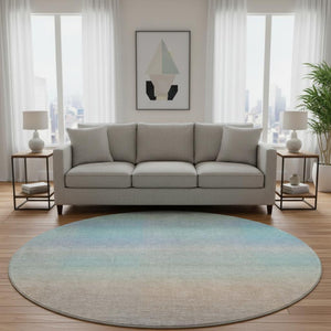 HomeRoots 8' Striped Round Rug in Sky Blue, Peach & Lilac - Durable, Washable, UV-Protected for Families 699619