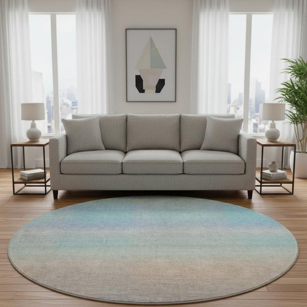 HomeRoots 8' Striped Round Rug in Sky Blue, Peach & Lilac - Durable, Washable, UV-Protected for Families 699619