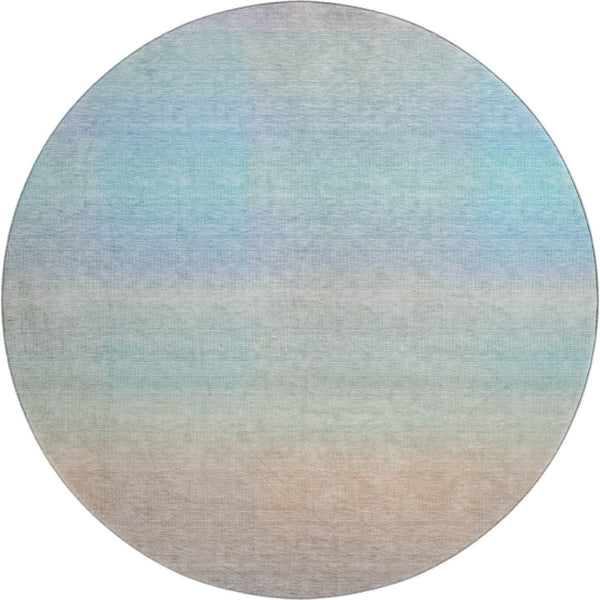 HomeRoots 8' Striped Round Rug in Sky Blue, Peach & Lilac - Durable, Washable, UV-Protected for Families 699619