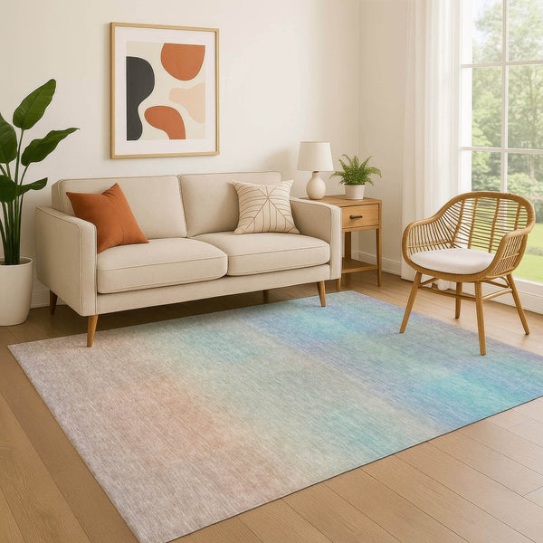HomeRoots 9' X 12' Sky Blue, Peach & Lilac Striped Area Rug - Washable, UV-Protected, Perfect for Any Space! 699621