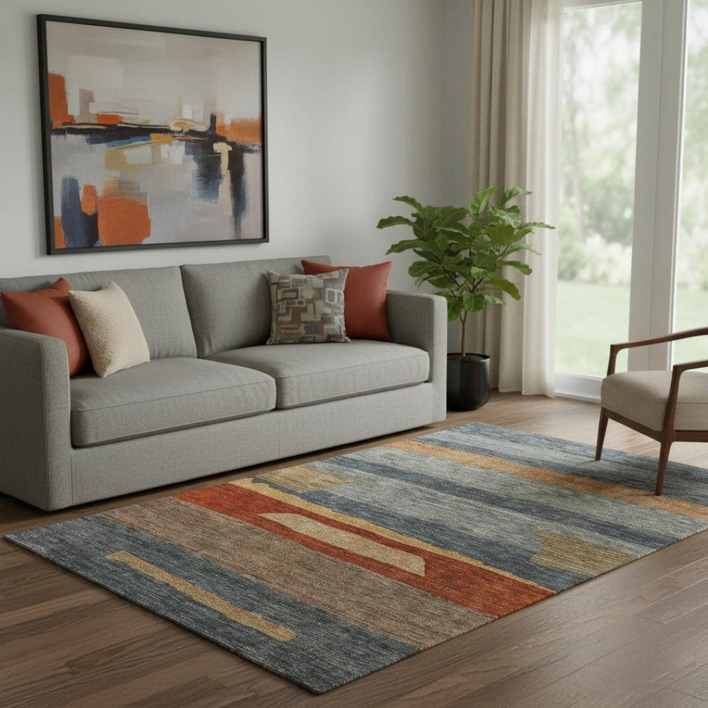 HomeRoots 5' X 8' Striped Area Rug in Blue, Rust & Gold - Durable, Washable with UV Protection for Homes 699624