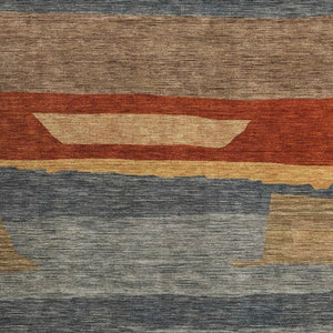 HomeRoots 5' X 8' Striped Area Rug in Blue, Rust & Gold - Durable, Washable with UV Protection for Homes 699624