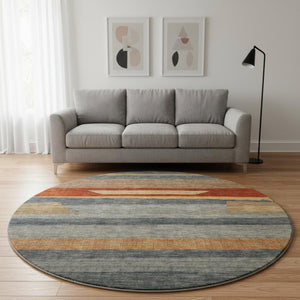HomeRoots 8' Blue Striped Washable Round Rug with Rust and Gold Accents - Durable, UV Protected, Non-Slip Design 699625