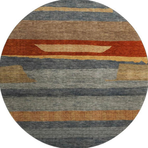 HomeRoots 8' Blue Striped Washable Round Rug with Rust and Gold Accents - Durable, UV Protected, Non-Slip Design 699625