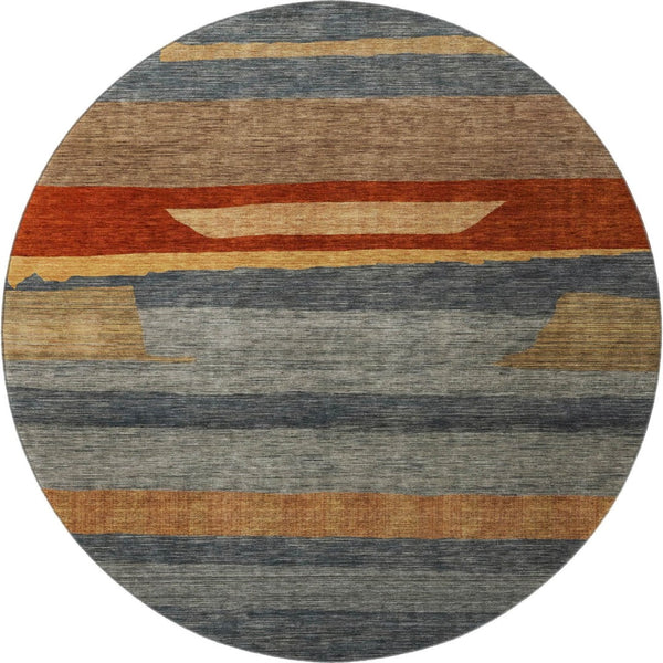 HomeRoots 8' Blue Striped Washable Round Rug with Rust and Gold Accents - Durable, UV Protected, Non-Slip Design 699625