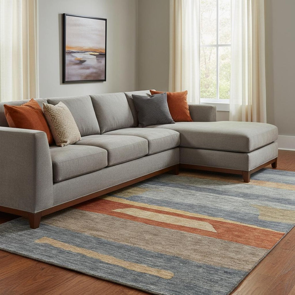 HomeRoots 8' X 10' Stylish Blue, Rust & Gold Striped Washable Area Rug with UV Protection for High-Traffic Areas 699626