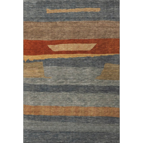 HomeRoots 8' X 10' Stylish Blue, Rust & Gold Striped Washable Area Rug with UV Protection for High-Traffic Areas 699626