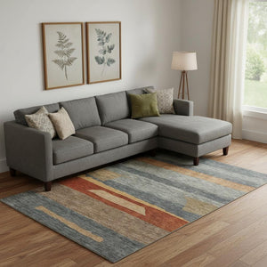 HomeRoots 9' X 12' Striped Washable Area Rug in Blue, Rust & Gold - Durable, UV-Protected, Stain-Resistant Design 699627