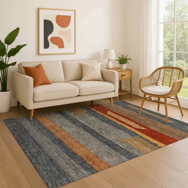 HomeRoots 9' X 12' Striped Washable Area Rug in Blue, Rust & Gold - Durable, UV-Protected, Stain-Resistant Design 699627