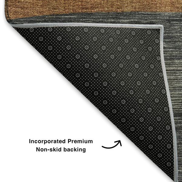 HomeRoots 9' X 12' Striped Washable Area Rug in Blue, Rust & Gold - Durable, UV-Protected, Stain-Resistant Design 699627