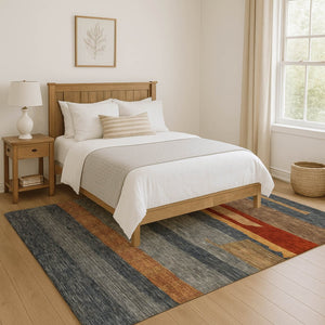 HomeRoots 10' X 14' Blue Striped Washable Area Rug with UV Protection – Perfect for High-Traffic Family Spaces! 699628