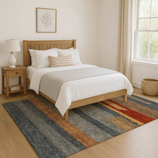 HomeRoots 10' X 14' Blue Striped Washable Area Rug with UV Protection – Perfect for High-Traffic Family Spaces! 699628