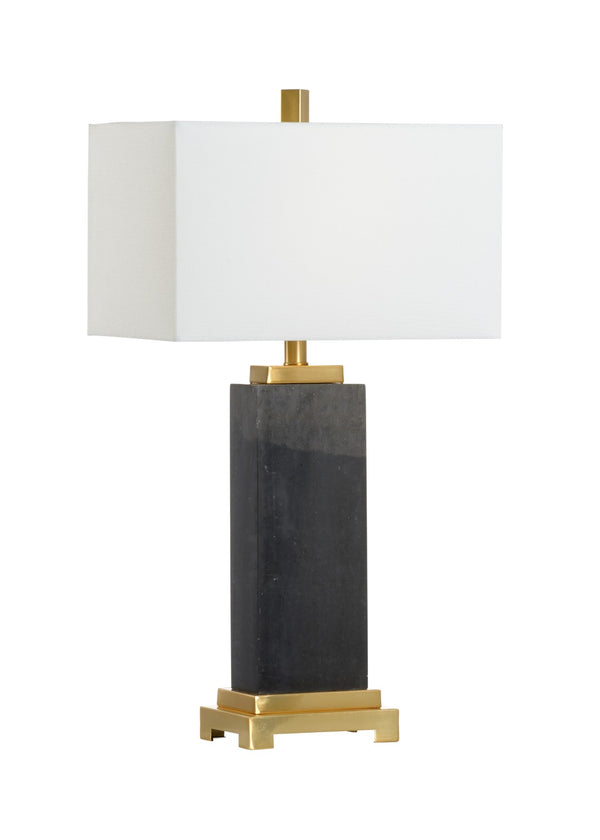 Chelsea House Black Kennedy Marble Lamp With Antique Brass Accents, Off-White Linen Shade, Polished Black Marble Base 69963
