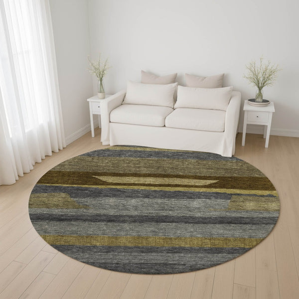 HomeRoots 8' Gray Copper and Brown Striped Washable Round Rug - UV Protected, Durable, Stylish for Any Space 699631