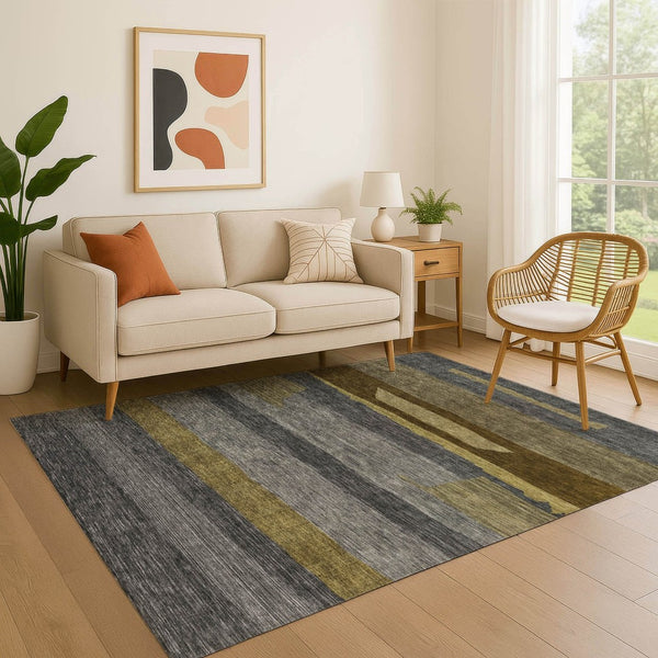 HomeRoots 8' X 10' Transitional Gray Copper Brown Striped Washable Area Rug with UV Protection & Durability 699632