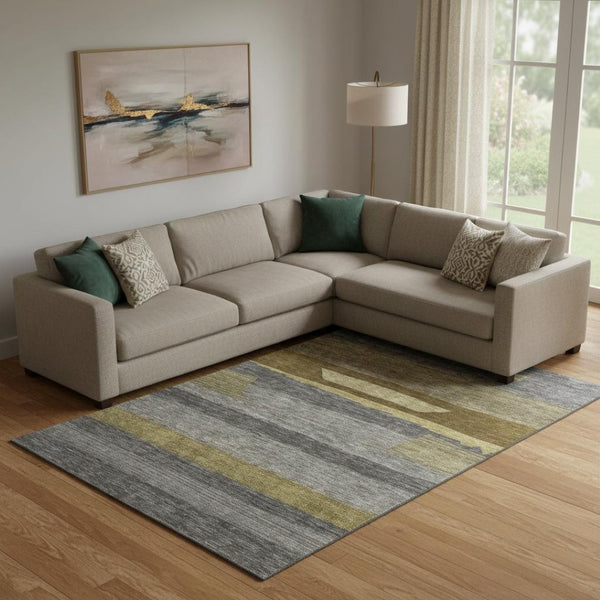 HomeRoots 9' X 12' Gray Copper And Brown Striped Washable Area Rug - UV Protected, Stain-Resistant & Durable 699633