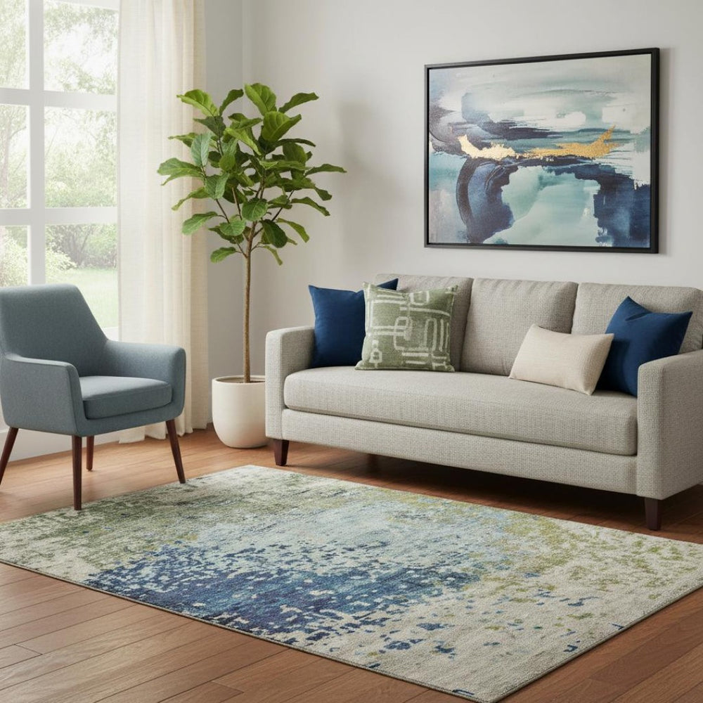 HomeRoots 5' X 8' Blue Green Beige Abstract Area Rug – Stain Resistant, UV Protected, Perfect for Pets & Kids 699642