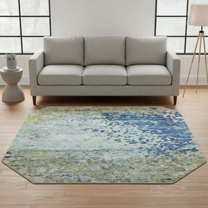 HomeRoots 8' Stylish Blue Green Beige Abstract Washable Round Rug with UV Protection for Busy Homes 699643