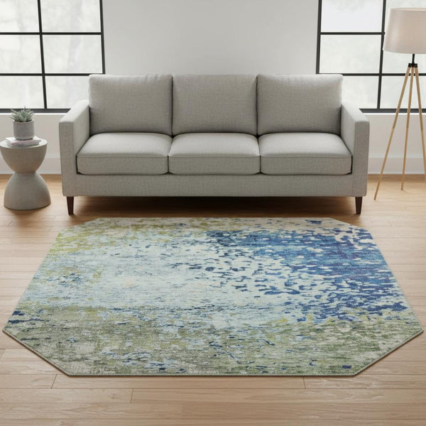 HomeRoots 8' Stylish Blue Green Beige Abstract Washable Round Rug with UV Protection for Busy Homes 699643