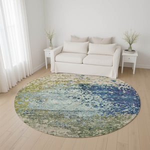 HomeRoots 8' Stylish Blue Green Beige Abstract Washable Round Rug with UV Protection for Busy Homes 699643