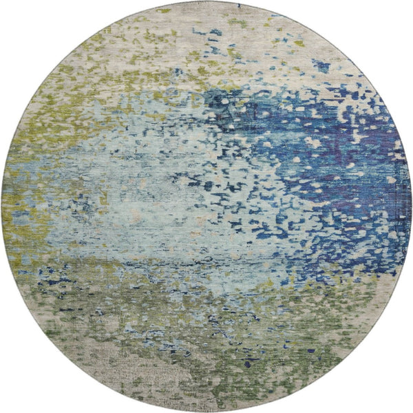 HomeRoots 8' Stylish Blue Green Beige Abstract Washable Round Rug with UV Protection for Busy Homes 699643