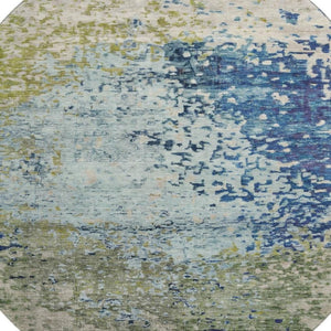 HomeRoots 8' Stylish Blue Green Beige Abstract Washable Round Rug with UV Protection for Busy Homes 699643