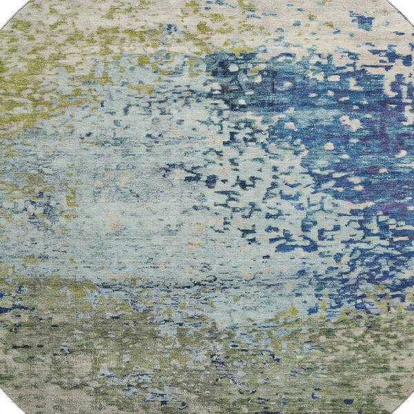 HomeRoots 8' Stylish Blue Green Beige Abstract Washable Round Rug with UV Protection for Busy Homes 699643