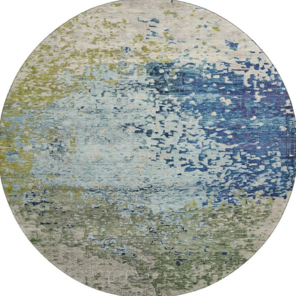 HomeRoots 8' Stylish Blue Green Beige Abstract Washable Round Rug with UV Protection for Busy Homes 699643