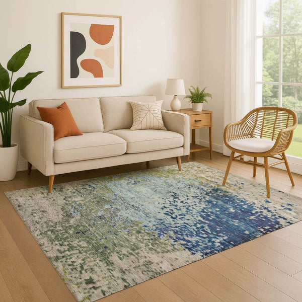 HomeRoots 9' X 12' Abstract Area Rug in Blue, Green & Beige - Washable, UV Protection, Pet-Friendly Design 699645
