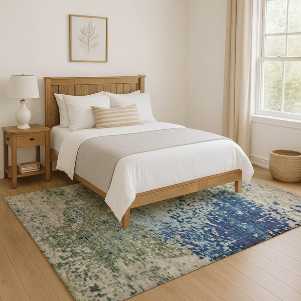 HomeRoots 9' X 12' Abstract Area Rug in Blue, Green & Beige - Washable, UV Protection, Pet-Friendly Design 699645