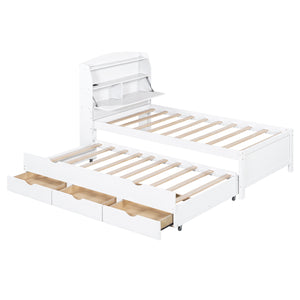 English Elm Twin LED Platform Bed with Trundle and Under-Storage Drawers, Flip-Up Headboard, USB Ports White N820S10008K