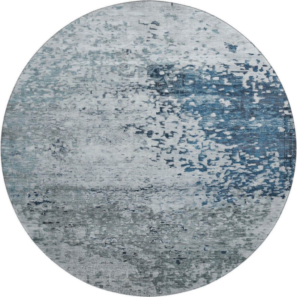 HomeRoots 8' Abstract Washable Round Rug in Denim Blue, Gray & Sky Blue - UV Protected, Stain Resistant, Durable 699649