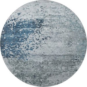 HomeRoots 8' Abstract Washable Round Rug in Denim Blue, Gray & Sky Blue - UV Protected, Stain Resistant, Durable 699649
