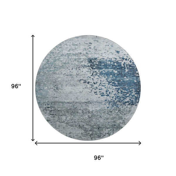 HomeRoots 8' Abstract Washable Round Rug in Denim Blue, Gray & Sky Blue - UV Protected, Stain Resistant, Durable 699649