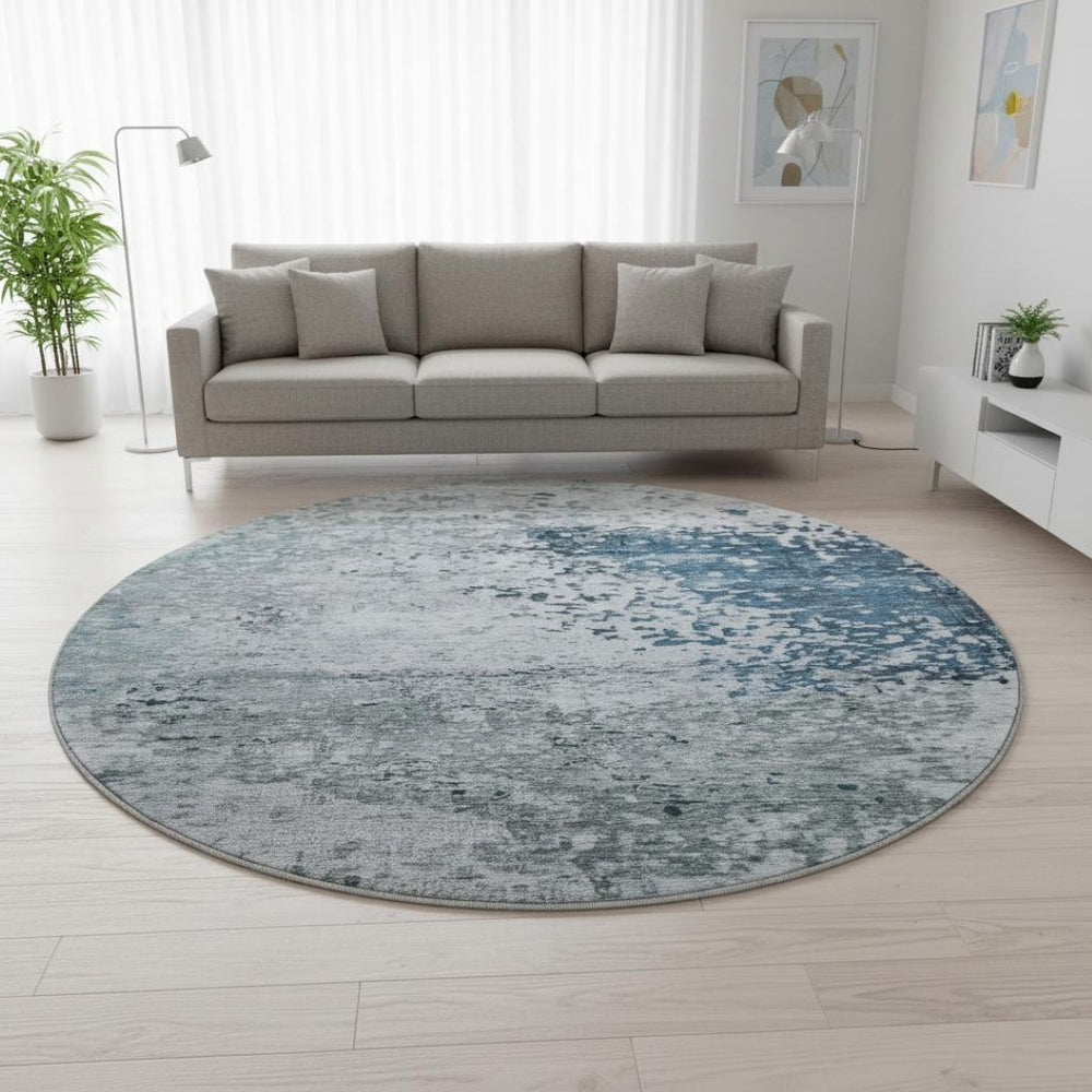 HomeRoots 8' Abstract Washable Round Rug in Denim Blue, Gray & Sky Blue - UV Protected, Stain Resistant, Durable 699649