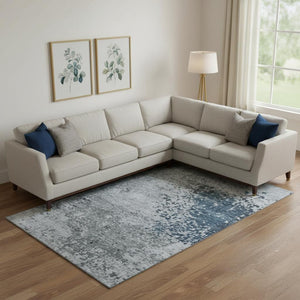 HomeRoots 9' X 12' Washable Denim Blue & Gray Abstract Area Rug with UV Protection for High-Traffic Spaces 699651