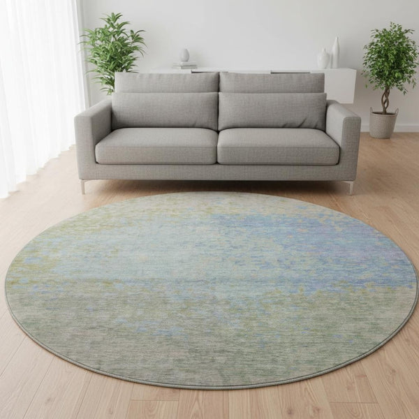 HomeRoots 8' Washable Round Rug in Sky Blue, Fern Green & Beige - UV Protected, Stylish & Stain-Resistant Design 699661