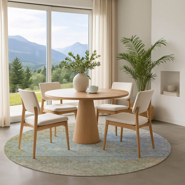HomeRoots 8' Washable Round Rug in Sky Blue, Fern Green & Beige - UV Protected, Stylish & Stain-Resistant Design 699661
